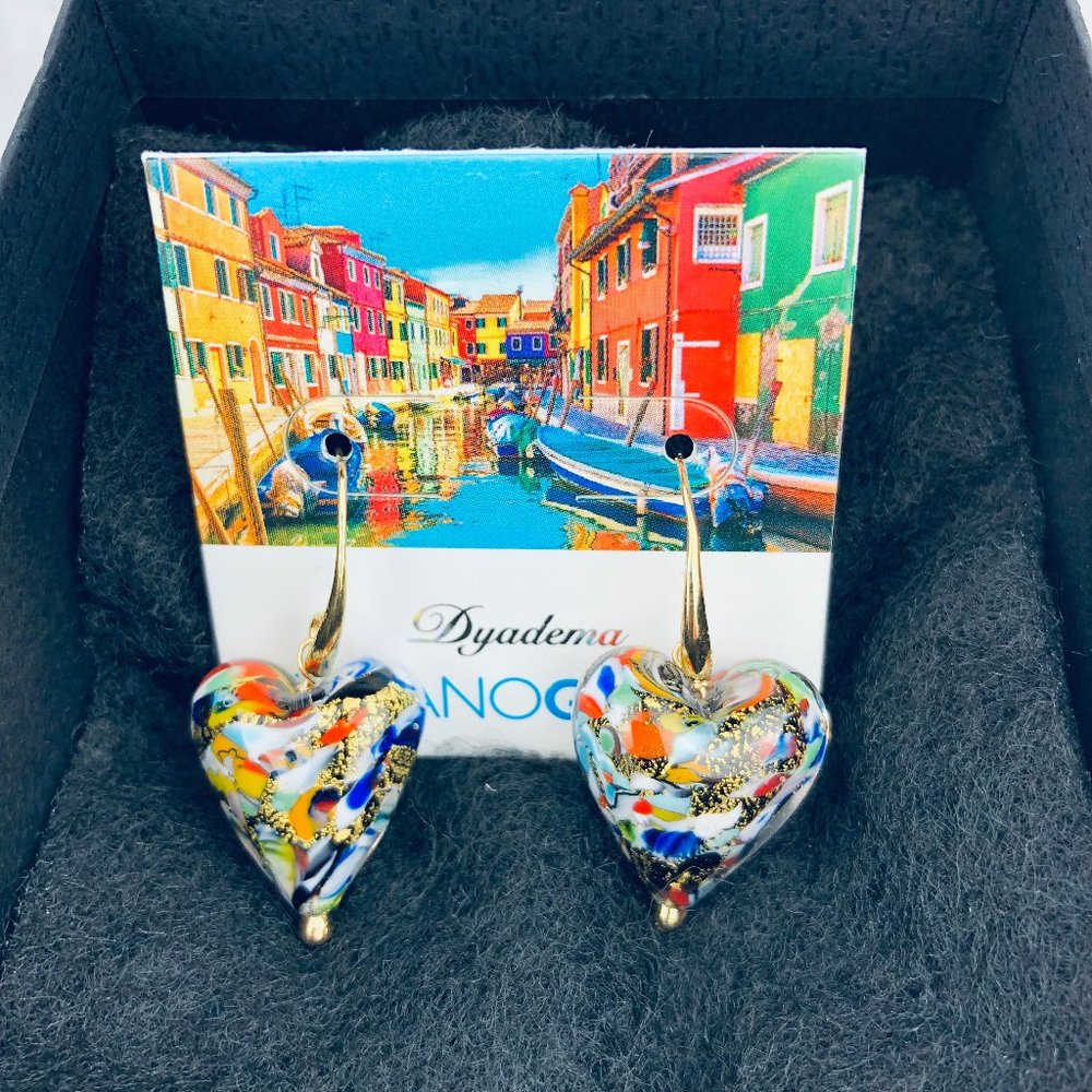 Murano Glass Heart Earrings by Dyadema - Made In Italy - Bronze Gold Foil